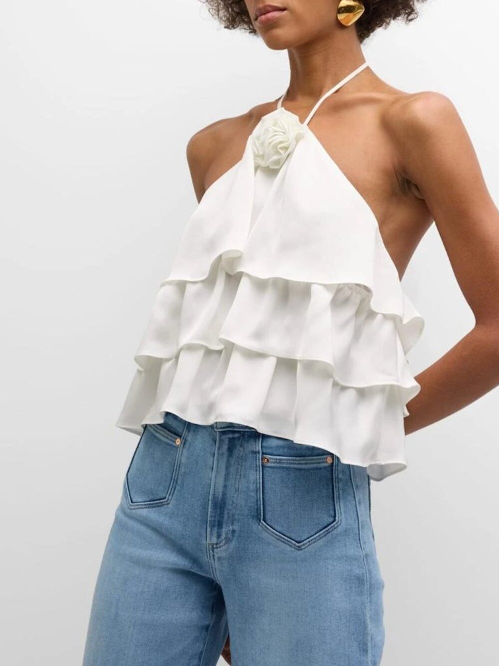 Ramy Brook Minnie Tiered Ruffle Halter Top - Ivory